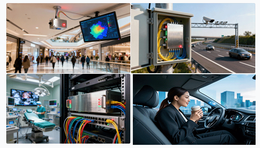 光開關(guān)在室內(nèi)定位、智能交通、醫(yī)療通信等典型場景示意圖 - 廣西科毅